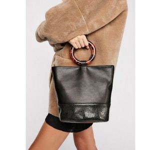 Free People Pascal Black Tortoise Circle Handle Bucket Bag Satchel faux leather